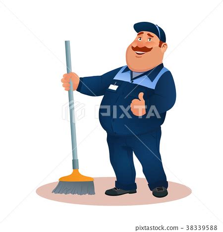 Funny cartoon janitor with mop and ok gesture - Stock Illustration ...