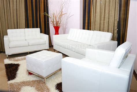 White Button Tufted Full Leather Sofa, Chair & Ottoman Set