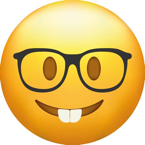 Nerd emoji. Emoticon with transparent glasses, funny yellow face with black-rimmed eyeglasses ...