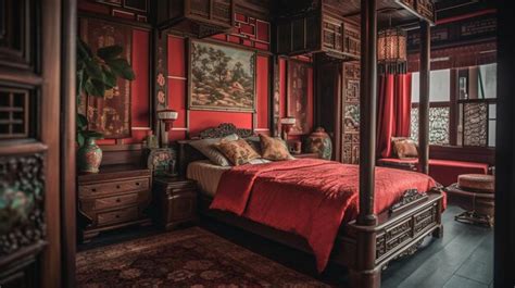 Premium AI Image | A bedroom with a red wall and a red bed with a red blanket and a large wooden ...