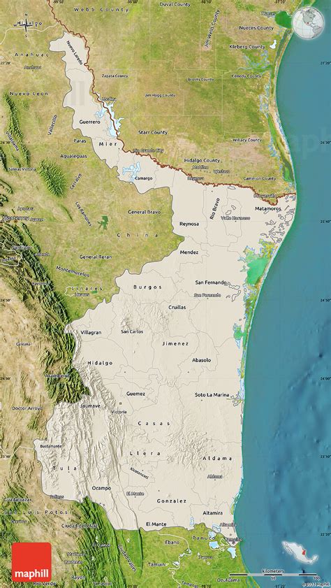 Shaded Relief Map of Tamaulipas, satellite outside