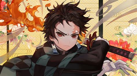 Demon Slayer Tanjirou Kamado With Brown Eyes And Black Hair Having Sword With Background Of ...