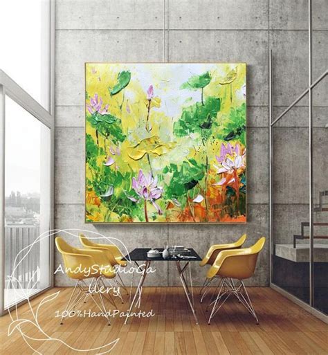 Lotus Abstract Oil Painting Floral Painting Landscape Art Large Yellow ...