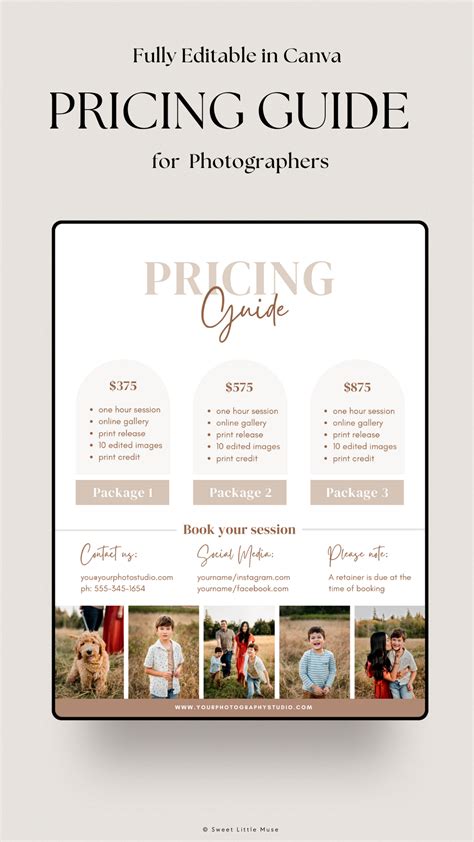 Photography Pricing Template for Canva One Page Pricing Guide for Photoshop Photography Sell ...