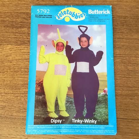 Children's Tinky Winky and Dipsy Costumes Sewing Pattern: Loose-fitting jumpsuit, hood, mittens ...