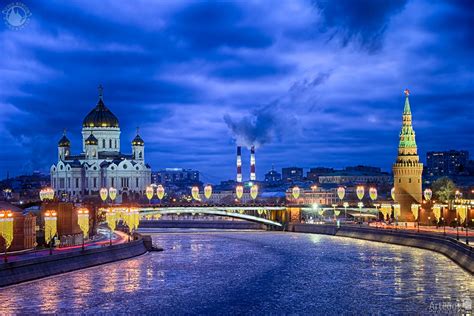 Winterscape of Icy Moskva-River and Moscow Landmarks in Blue Hour ...