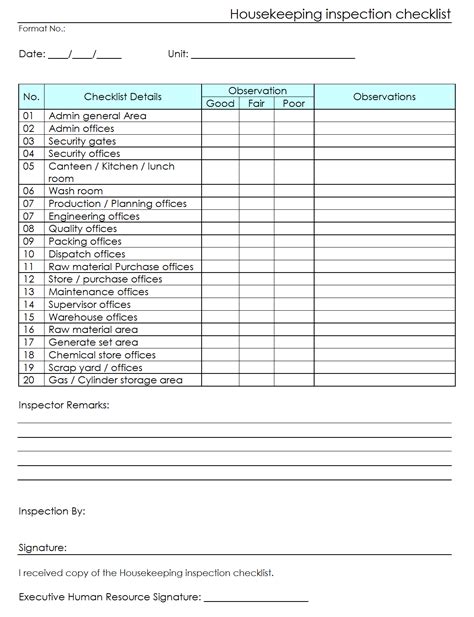 Workplace housekeeping inspection checklist for factory