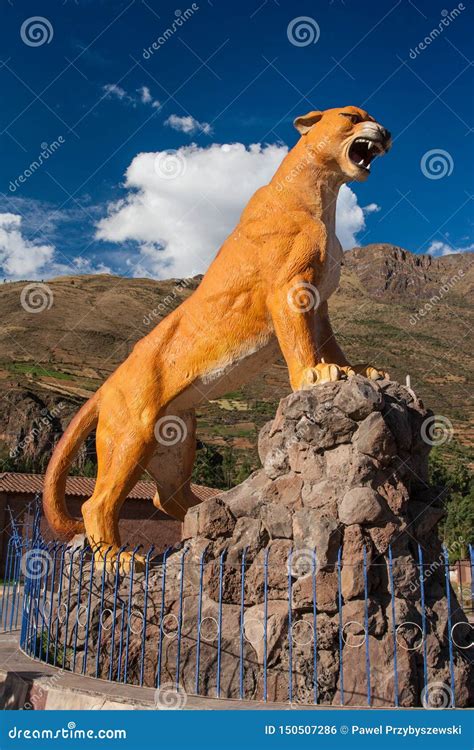 Cusco / Peru - May 29.2008: Orange Color Puma the Animal Statue in Calca Town in Peruvian Andes ...