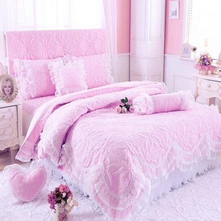 Light Pink Quilted Pattern Vintage Lace Gathered Bedspread ...