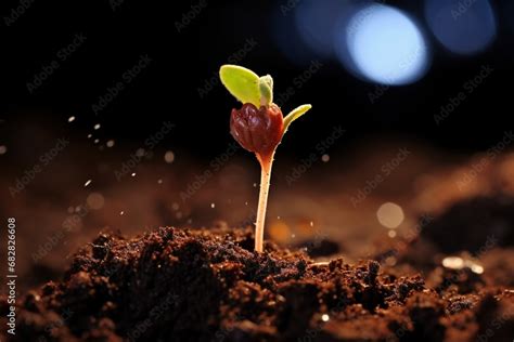 Seed Germination Close-up shot of a small rose seed nestled in dark, fertile soil. The first ...