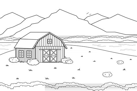 Black white monochrome Summer or spring farm concept in countryside Cartoon doodle vector cute ...