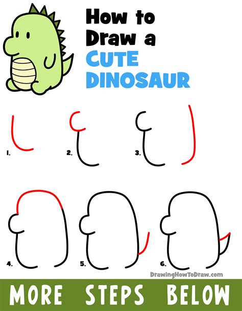 How to Draw a Cute Dinosaur (Kawaii / Chibi) Easy Step-by-Step Drawing ...