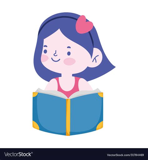 Little student girl reading book cartoon character