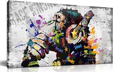 Amazon.com: Large Canvas Wall Art Graffiti Gorilla with Headphones ...