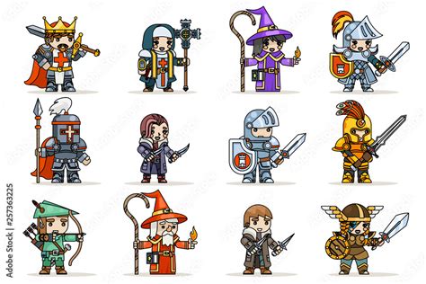 Lineart fantasy set rpg game heroes character vector icons flat design ...