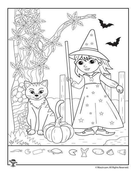 Cute Witch and Cat Hidden Picture Printable | Woo! Jr. Kids Activities Halloween Games, Cute ...