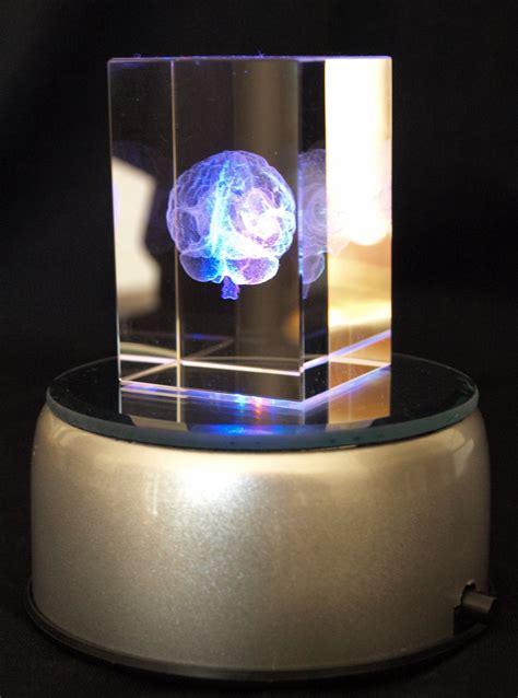 Crystal Cube 3D Brain Holographic laser etched with 4 LED lighted base.