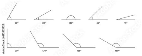 Angle icons set. 150, 135 120, 90 180 60, 45 30, 15 degree measure ...