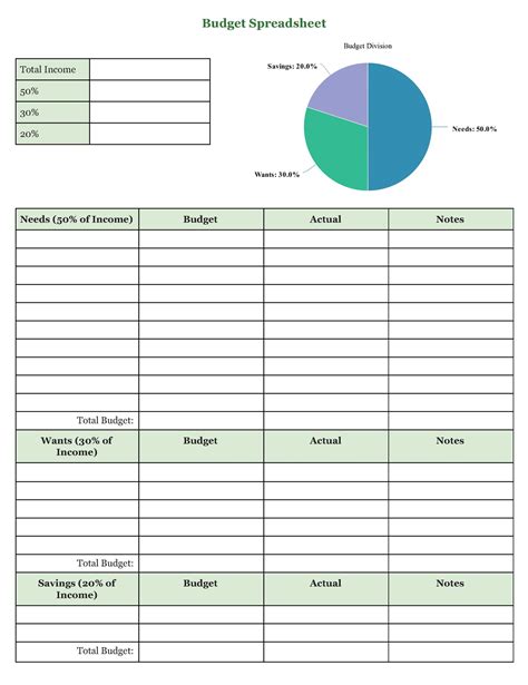 Printable 50/30/20 Budget Template