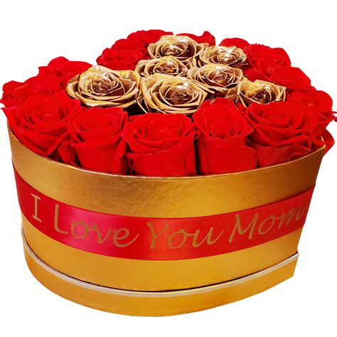 P003 - Heart Box with Red and Gold Preserved Roses (Last 1-3 years) - Love Flowers Miami