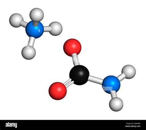 Ammonium carbamate, chemical structure. 3D rendering. Atoms are represented as spheres with ...