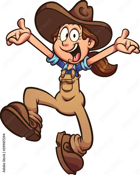 Cartoon happy farmer girl jumping up clip art. Vector illustration with simple gradients. All in ...