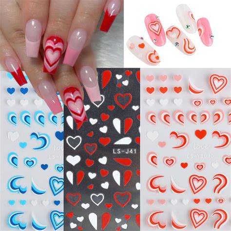 Amazon.com: 6 Sheets Heart Nail Art Stickers Gradient Heart Stickers Design 3D Self-adhesive ...