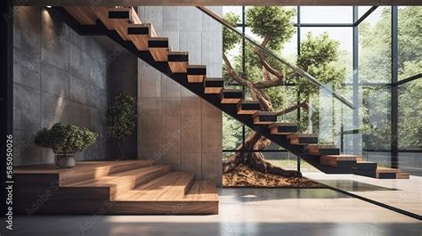 Modern, elegant L shape wood cantilever stair with black granite base staircase, tempered glass ...