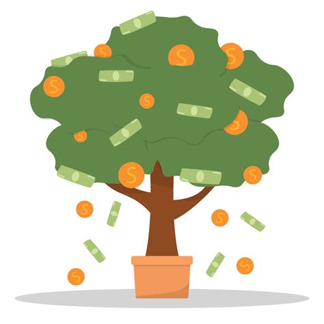 Money tree in pot with cash on branches. Plant with falling coins and ...