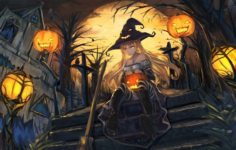 Wallpaper girl, smile, house, the moon, hat, anime, art, ladder, pumpkin, witch, halloween ...