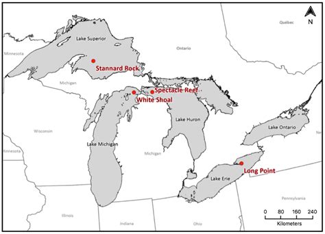 Map of the Laurentian Great Lakes, including the locations of offshore ...