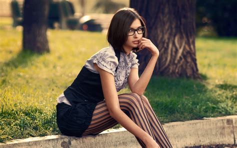 brunette, Glasses, Women, Striped Leggings Wallpapers HD / Desktop and Mobile Backgrounds