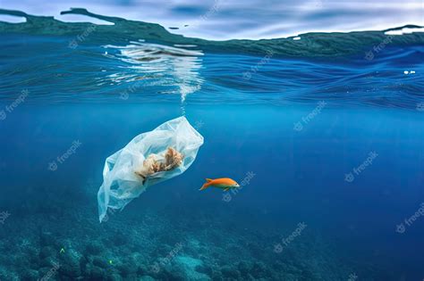 Premium Photo | Plastic bag floating on the ocean surrounded by aquatic wildlife created with ...