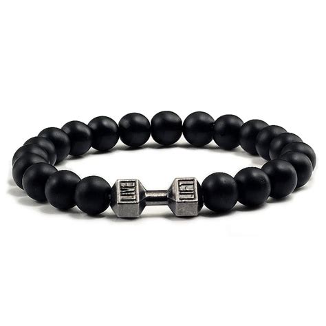 Natural Stone Dumbbell Beaded Bracelets Unisex Black Scrub Stone Beads Fitness Prayer Yoga ...