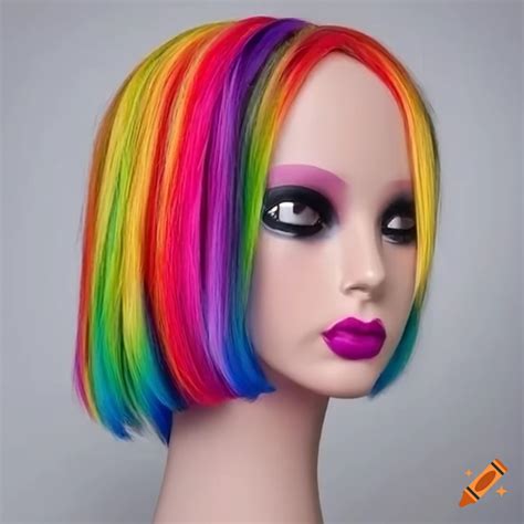 Dramatic rainbow bob hairstyle on a mannequin on Craiyon