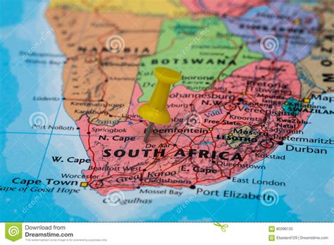 Map of South Africa with a Yellow Pushpin Stuck Stock Image - Image of geographical, plan: 80396135