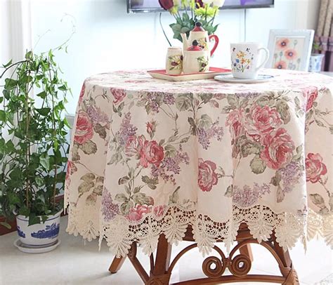 70 inch Round High end Floral Fabric Tablecloth Peony Embroidered Tablecloth Elegant Lace Table ...