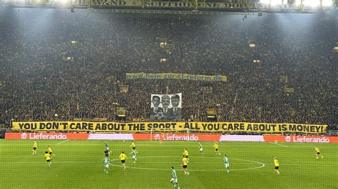 Borussia Dortmund fans protested against UEFA and Champions League reforms, during their victory ...