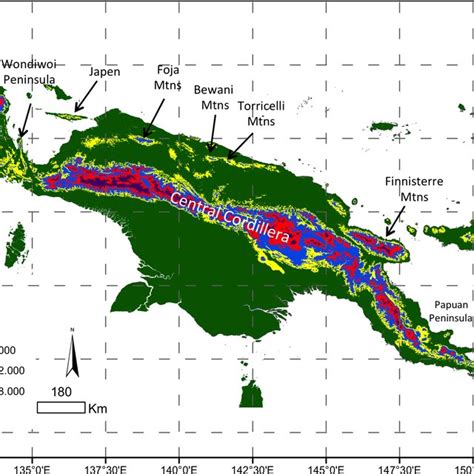 Map of New Guinea. Stratified by major elevation bands and with key ...