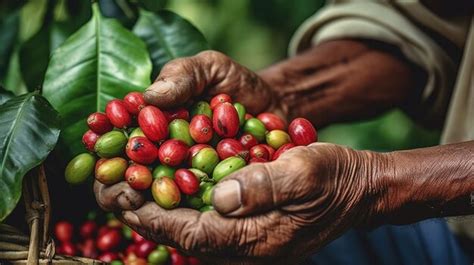 Premium AI Image | An individual carefully picking red and green coffee beans coffee plantation ...