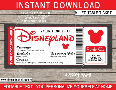 Printable Disneyland Trip Ticket Gift Template Surprise | Etsy