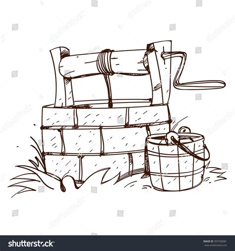 Stone Ancient Well With A Bucket. Black And White Outline Drawing. Stock Vector Illustration ...