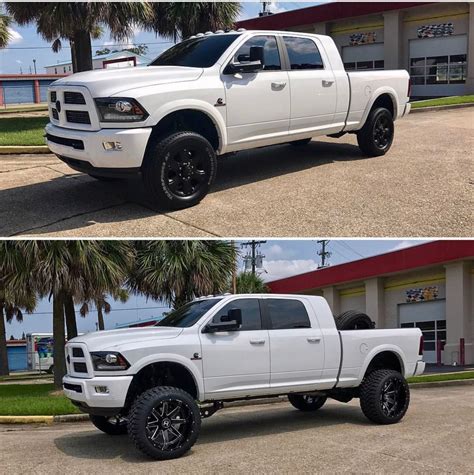 Before and after. White lifted ram 2500 mega cab. Beautiful set up ...