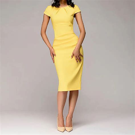 Dress Elegant Midi Dress Sheath Short Sleeve O Neck Solid Slim Yellow Dress Vestido Casual ...