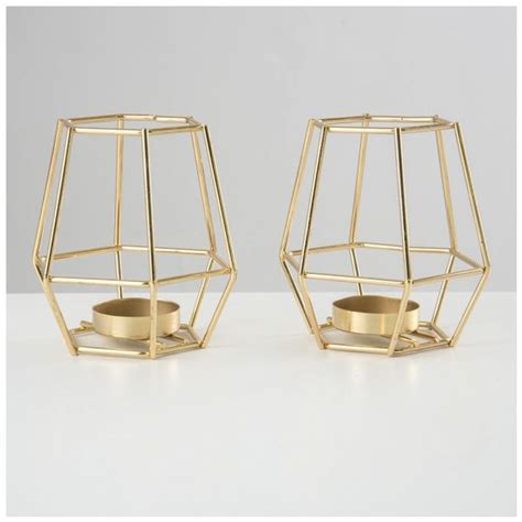 Pair of Geometric Gold Tea Light Candle Holders