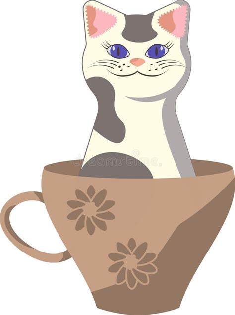 Smiling Spotted White Cat with Blue Eyes in Tea Cup Stock Vector ...