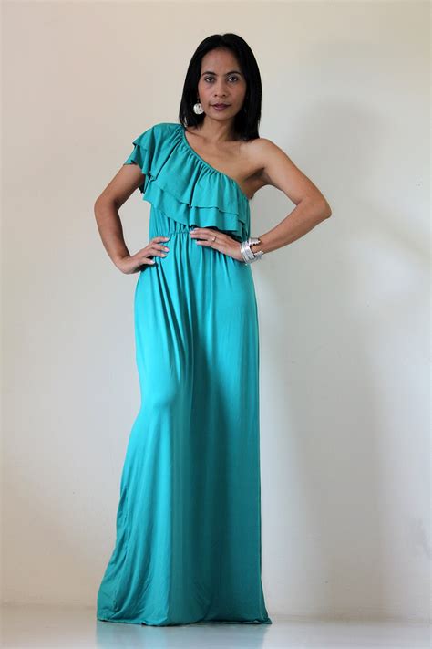 Aqua blue Long Dress Ruffle Tube One Shoulder Formal by Nuichan