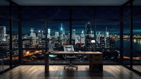 Office Workstation At Night Background, 3d Office With Night City ...