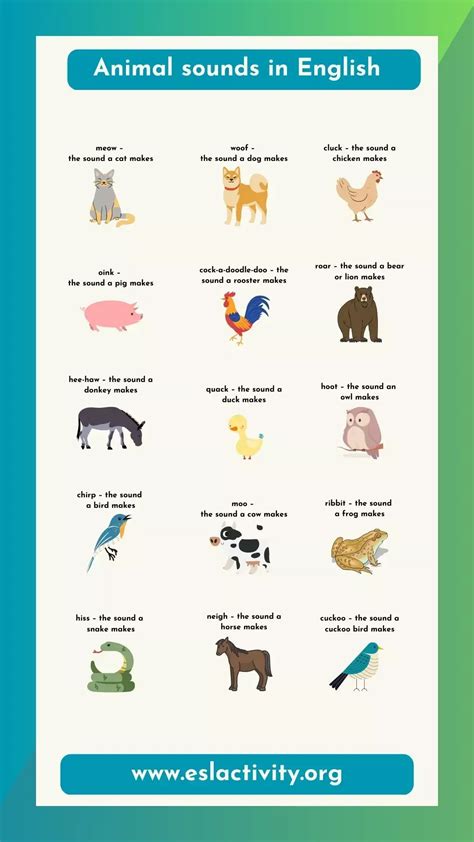 Animal Sounds List in English | Animal Noises Onomatopoeia | Animal sounds, Onomatopoeia ...