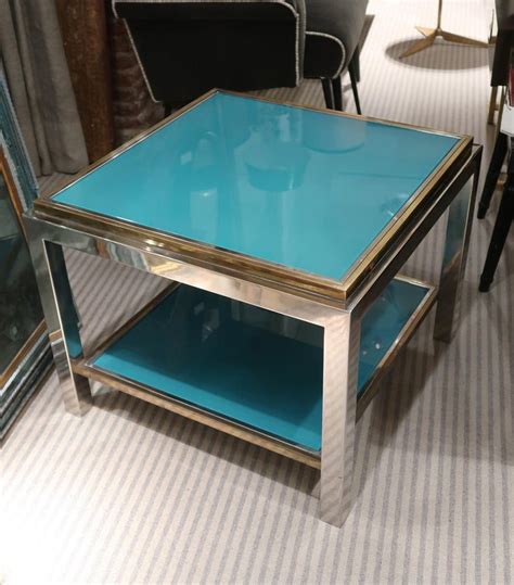 Willy Rizzo, Brass, Chromed and Turquoise Glass Top Coffee Table, Italy, 1970 For Sale at 1stDibs